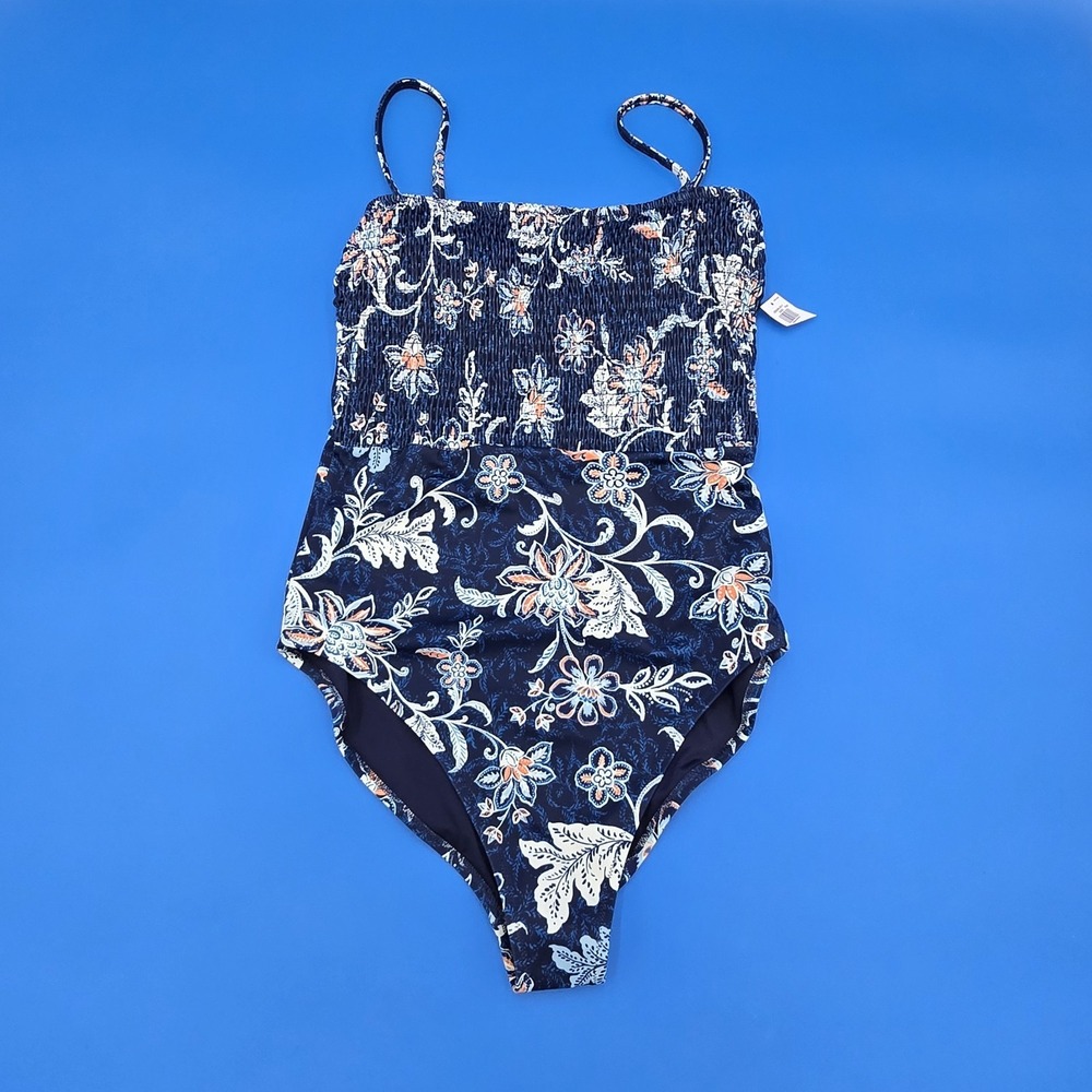 NWT NEW Old Navy Blue Floral Smocked One-piece Swimsuit Women's Medium